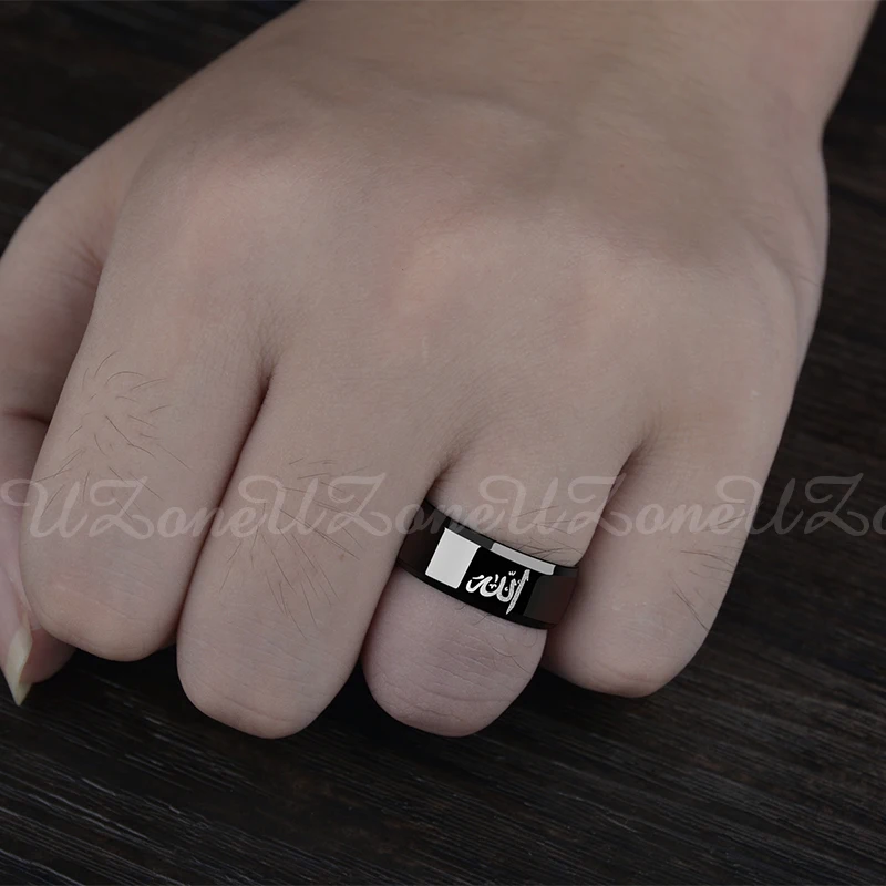 8MM Black Muslim Allah Ring Women Men Islam Arabic God Messager Stainless Steel Ring Quran Middle Eastern