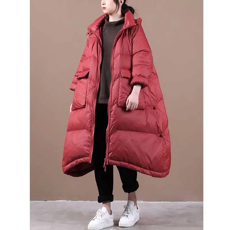 2021 new women\'s casual big hem solid color oversized coat pocket stand collar duck down jacket with detachable hat puffer coat