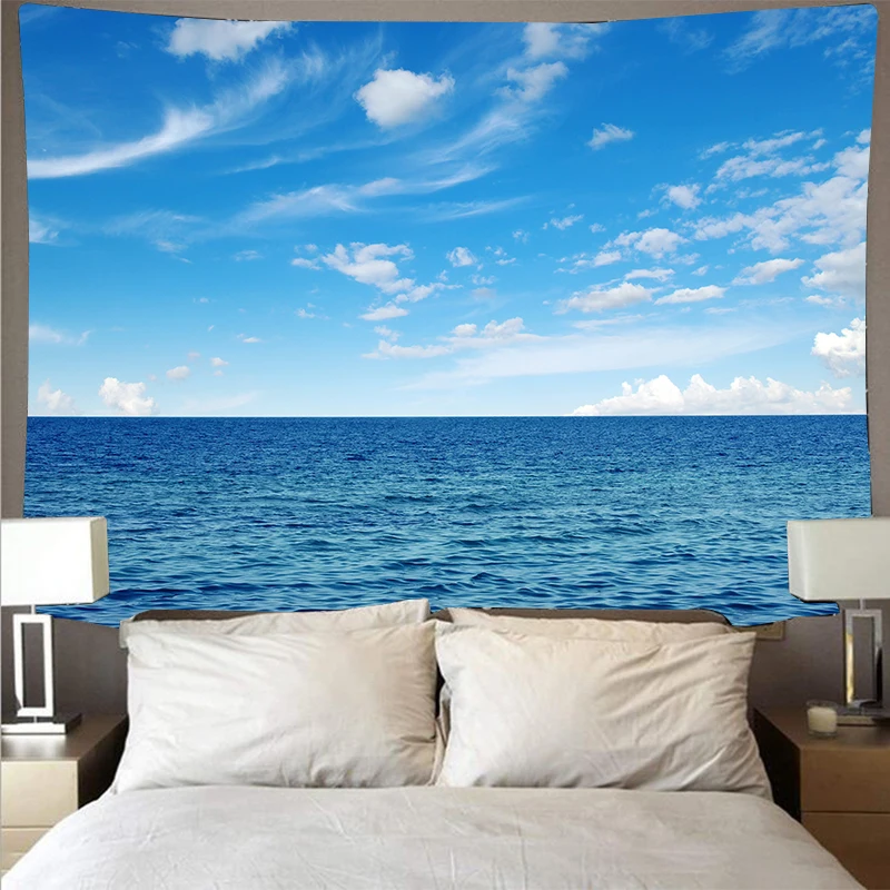 Blue Sky Sea Landscape Tapestry The Great Wave White Cloud Wall Hanging Hippie Bedroom Decoration Polyester Print Tapestries