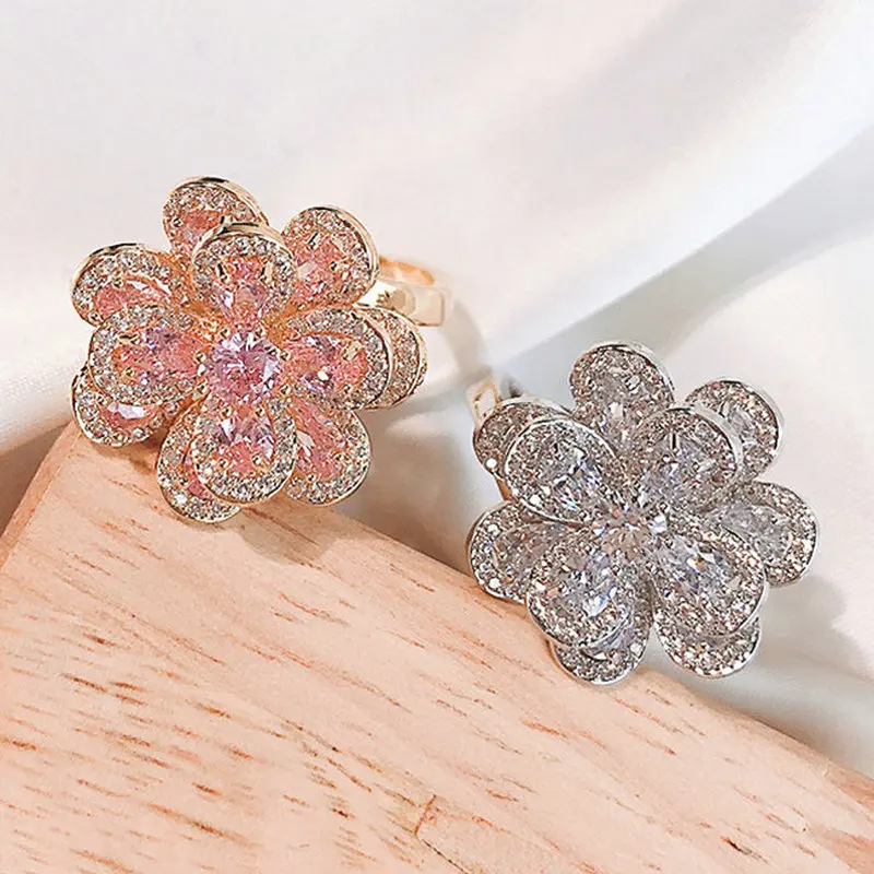 1pc CZ Flower Exquisite Finger Rings Luxury Resizable Finger Ring Sexy Ring Handmade Fashion Jewelry 2 Color on Sale