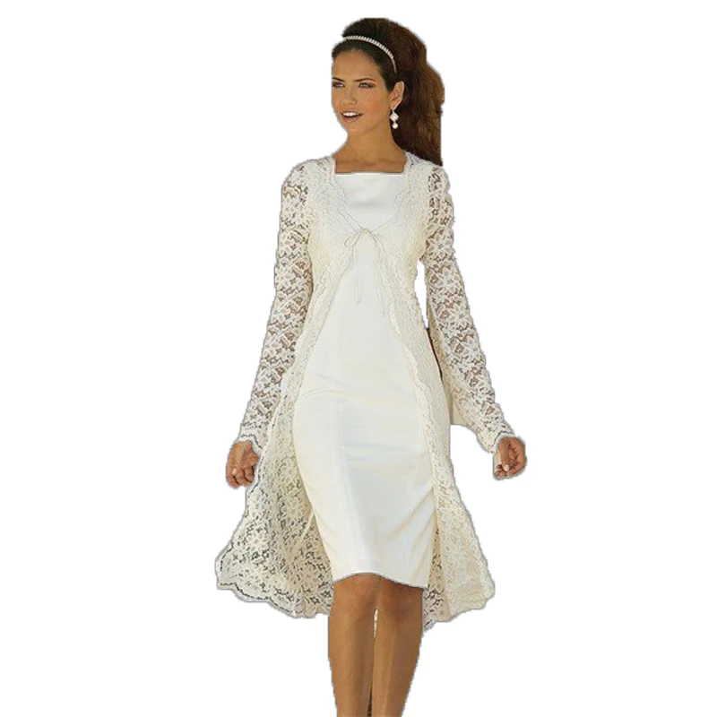 Holy Two Pieces Lace Mother of The Bride Dresses Long Sleeves Mothers  with Jacket Wedding Party Gowns Knee Length