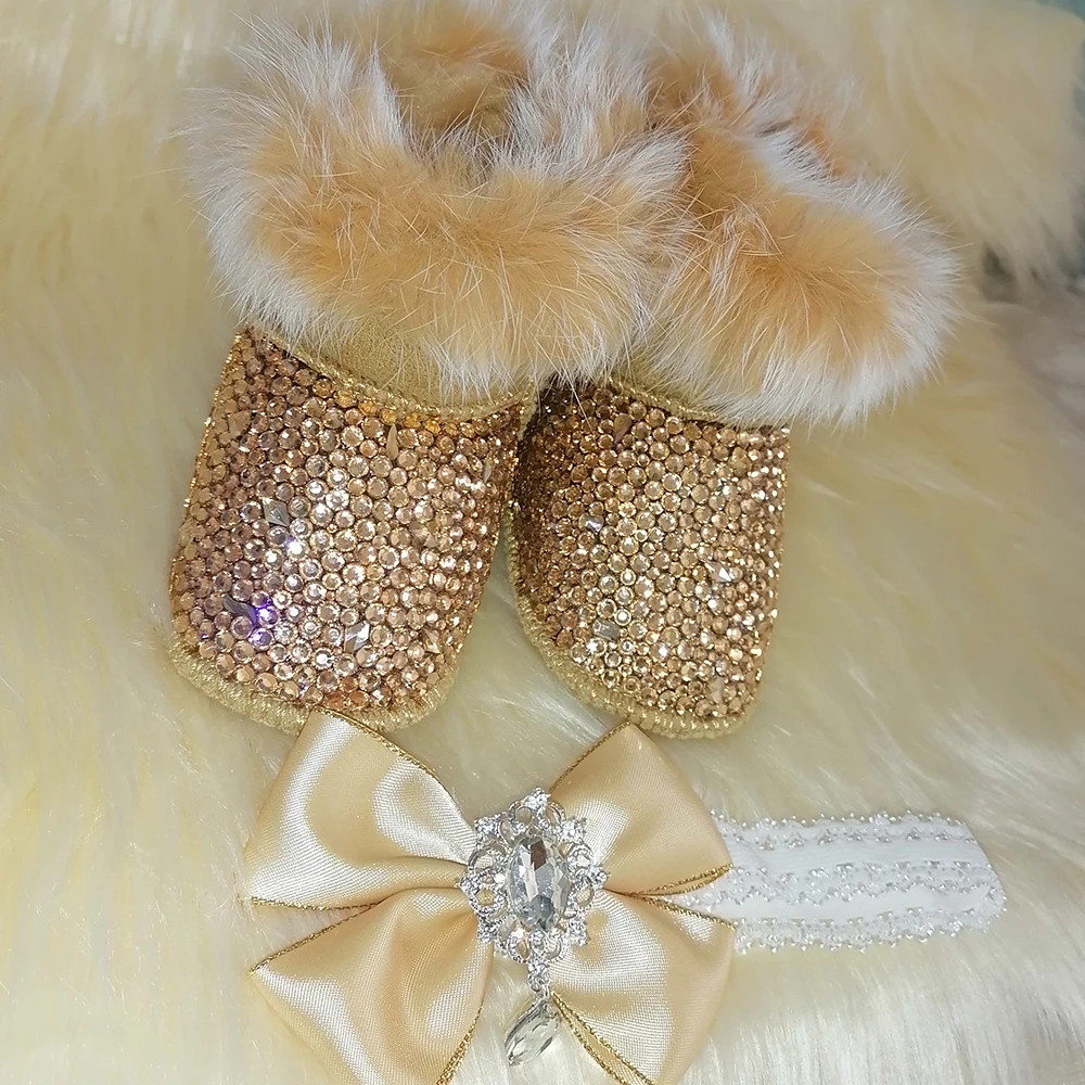 Handmade Bow Hairband Strass Baby Girl Botas de Neve Inverno Sapatos Pente Primeiro Walker Sparkle Bling Cristal Princesa Chuveiro Presente