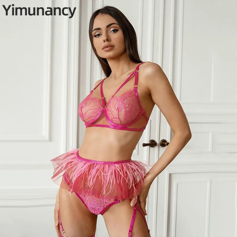 Yimunancy 3-Piece Lace Bra Set Women Bandage Lingerie Set Ladies 3 Colors Sexy Underwear Set with Underwire