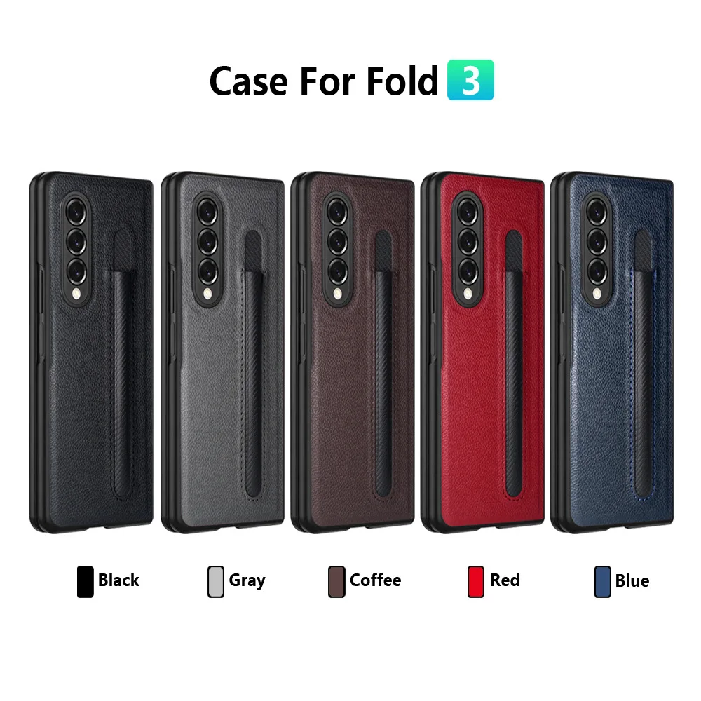 Fashion Lychee Pen Slot Case For Samsung Galaxy Z Fold 6 5 4 3 PU+PC Leather Pattern Cover Anti-knock luxury Cases for Fold5