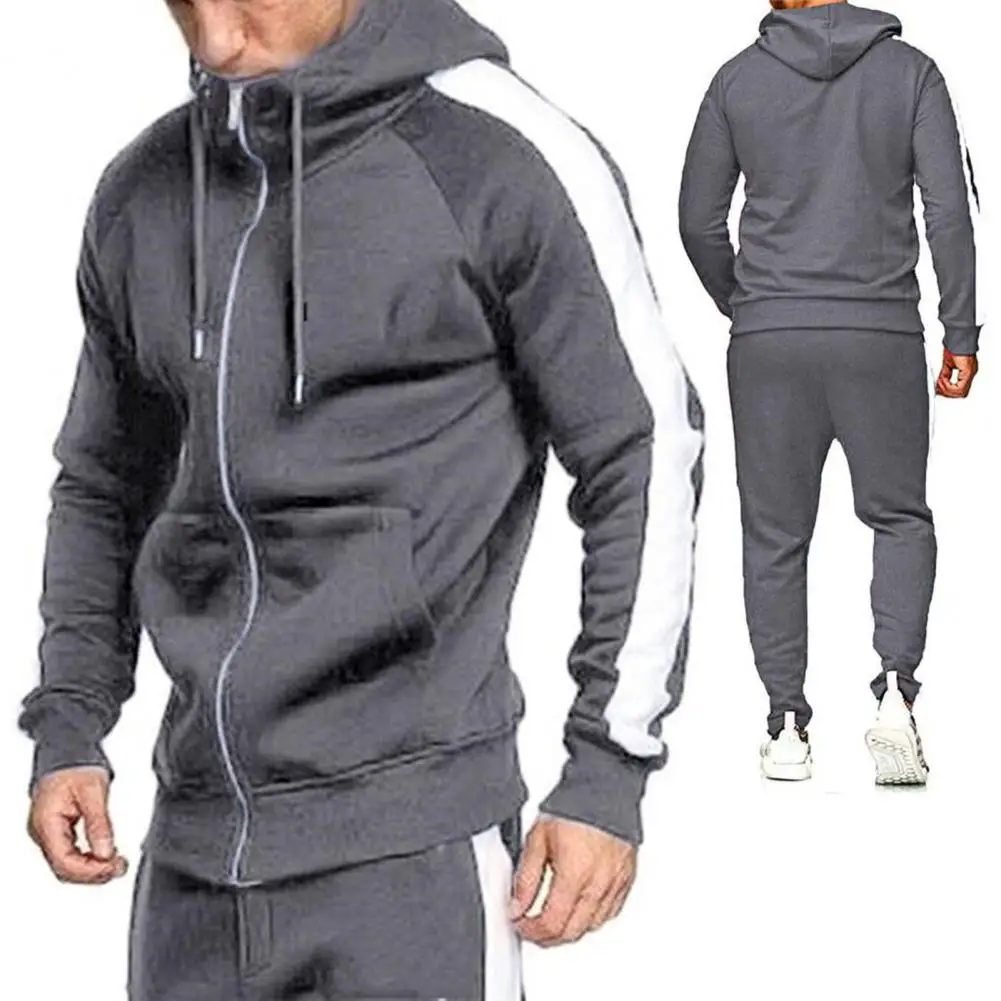 2 Pcs/Set Men Tracksuits Contrast Colors Hooded Drawstring Casual Sports Sets for Daily Wear
