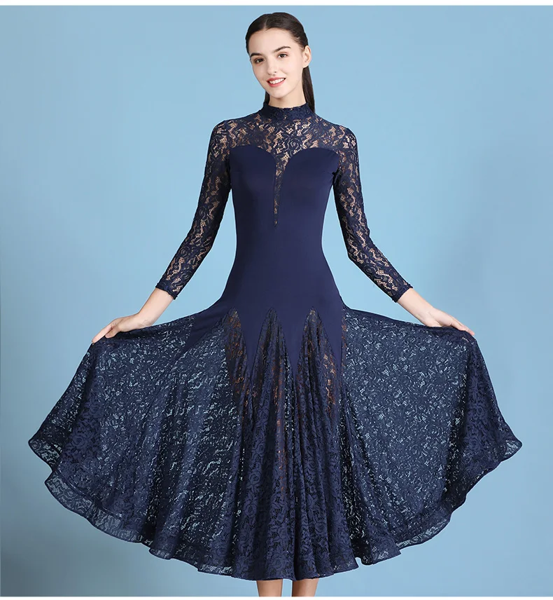 New 2020 Navy Blue Ballroom Dance Dresses Women Waltz Dress Sexy Mesh Standard Ballroom Dress Foxtrot Costumes Rumba Long Dress