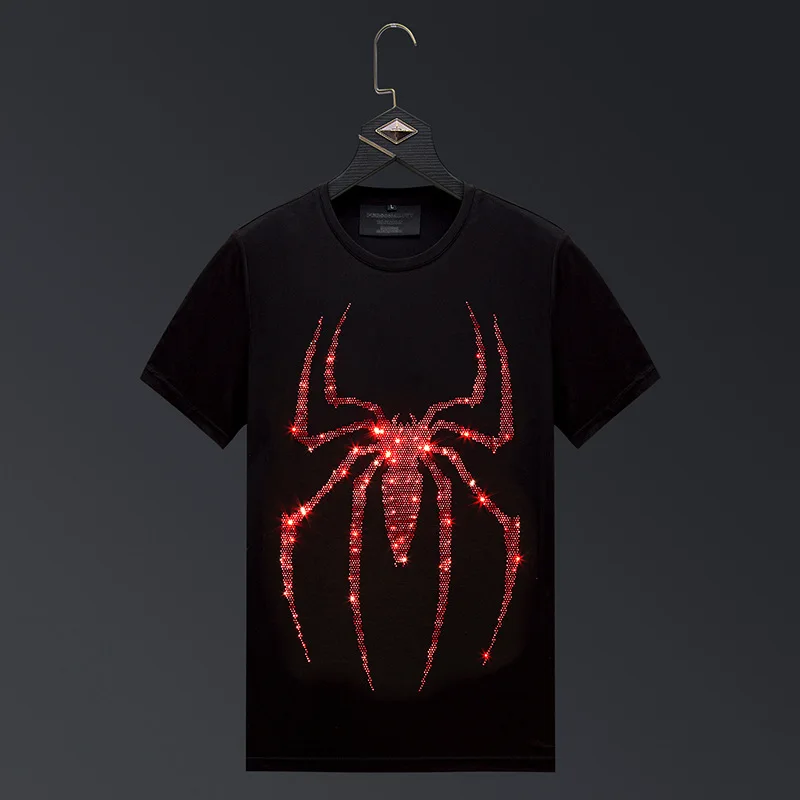 

2021 Summer Red Spider Rhinestones T Shirt Men Fashion Streetwear Short Sleeve O Neck Slim Plus Size Man Tshirt Camisetas Hombre