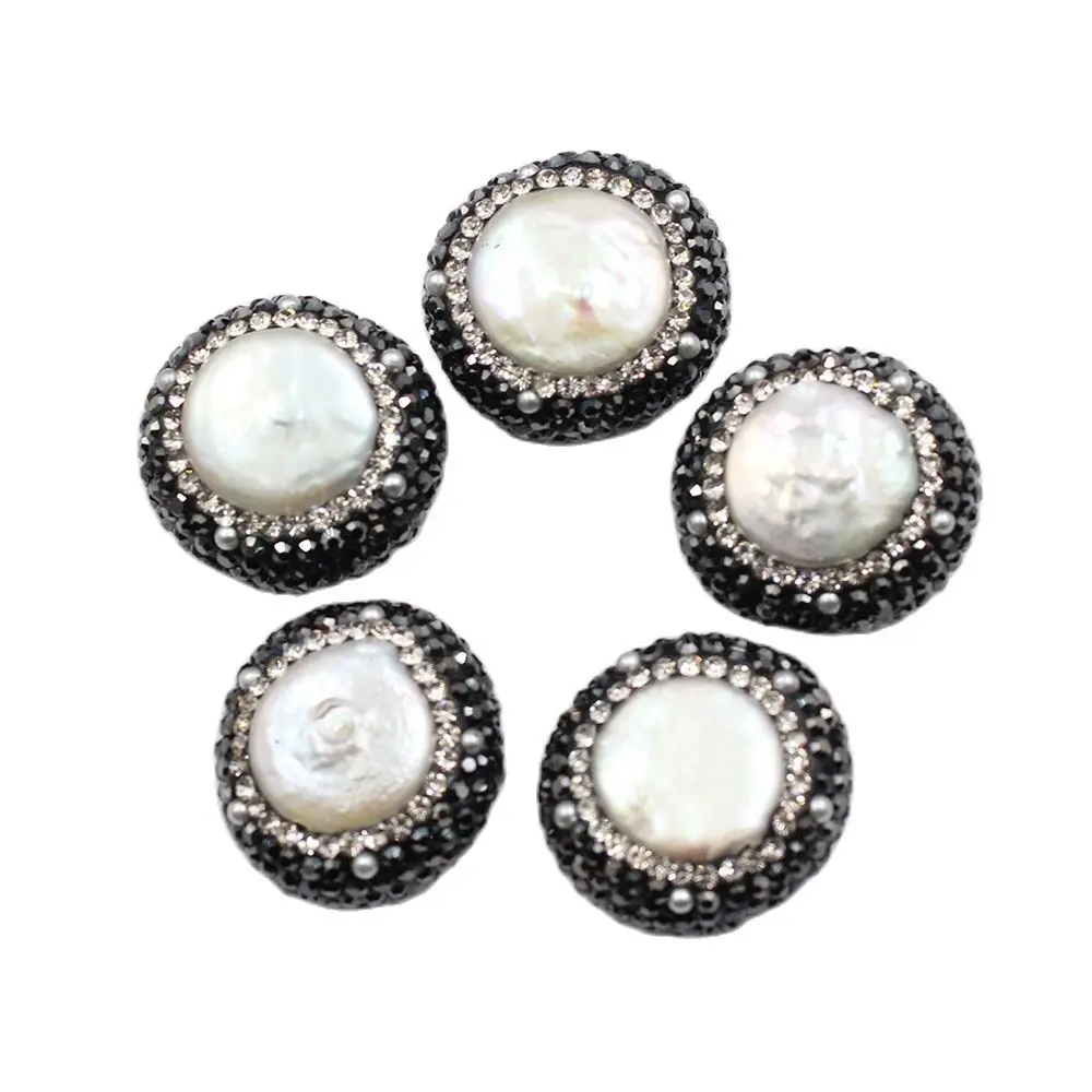 

APDGG Wholesale 5Pcs Freshwater Cultured White Coin Pearl CZ Paved Beads Double-faced Loose Beads For Necklace DIY