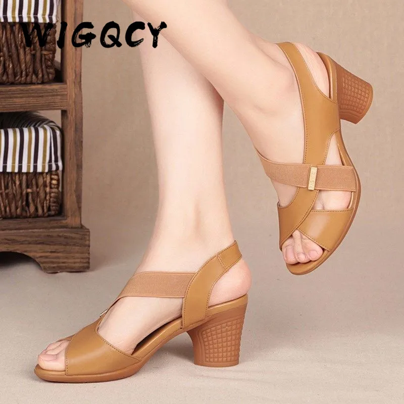 New Mid-heel Sandals Women Summer Shoes Comfortable High Heels Thick Heel Peep Toe Non-slip Soft Bottom Mother Shoes Slip-On