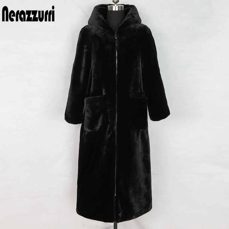 Nerazzurri Winter Long faux fur coat with Hood Long Sleeve Zipper Black Furry Fake Rabbit Fur Outwear Plus Size Korean Fashion