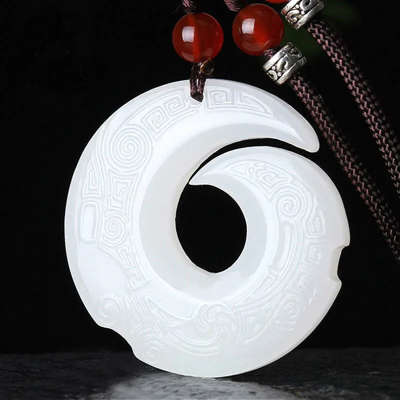 Natural White Jade Rune Pendant Necklace Double-Sided Hand-Carved Charm Jewelry Fashion Accessories Amulet for Men Women Gifts