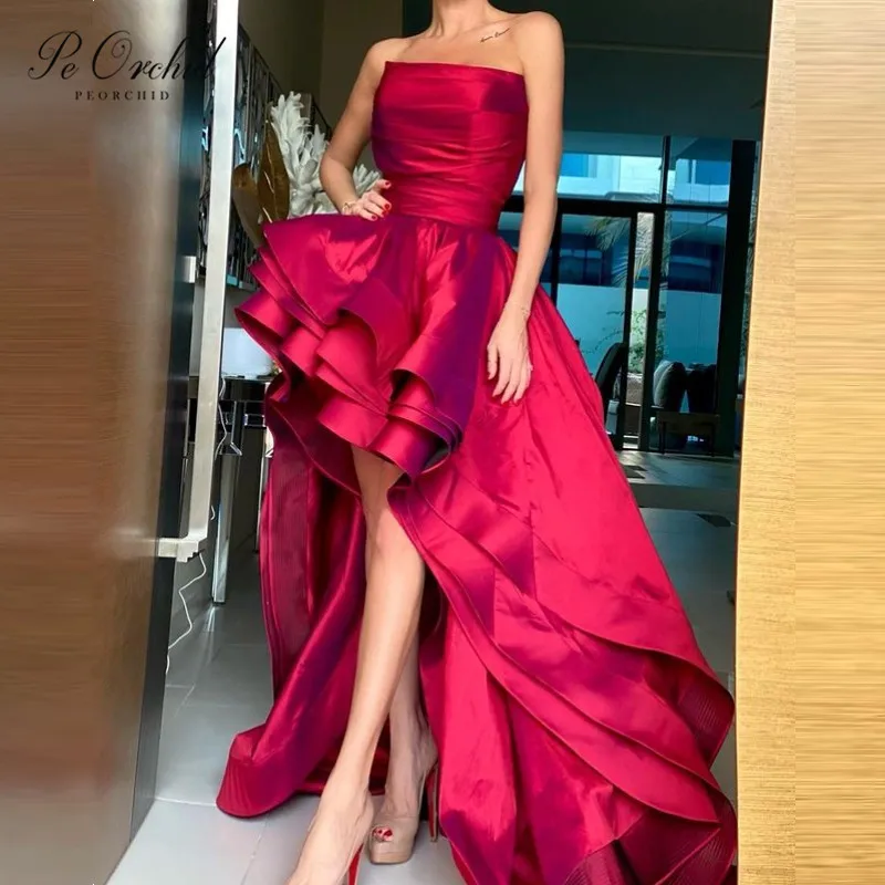 PEORCHID Elegant Red High Low Prom Dresses 2022 Satin Strapless Evening Gala Dress For Women Party Wear Graduation Gowns