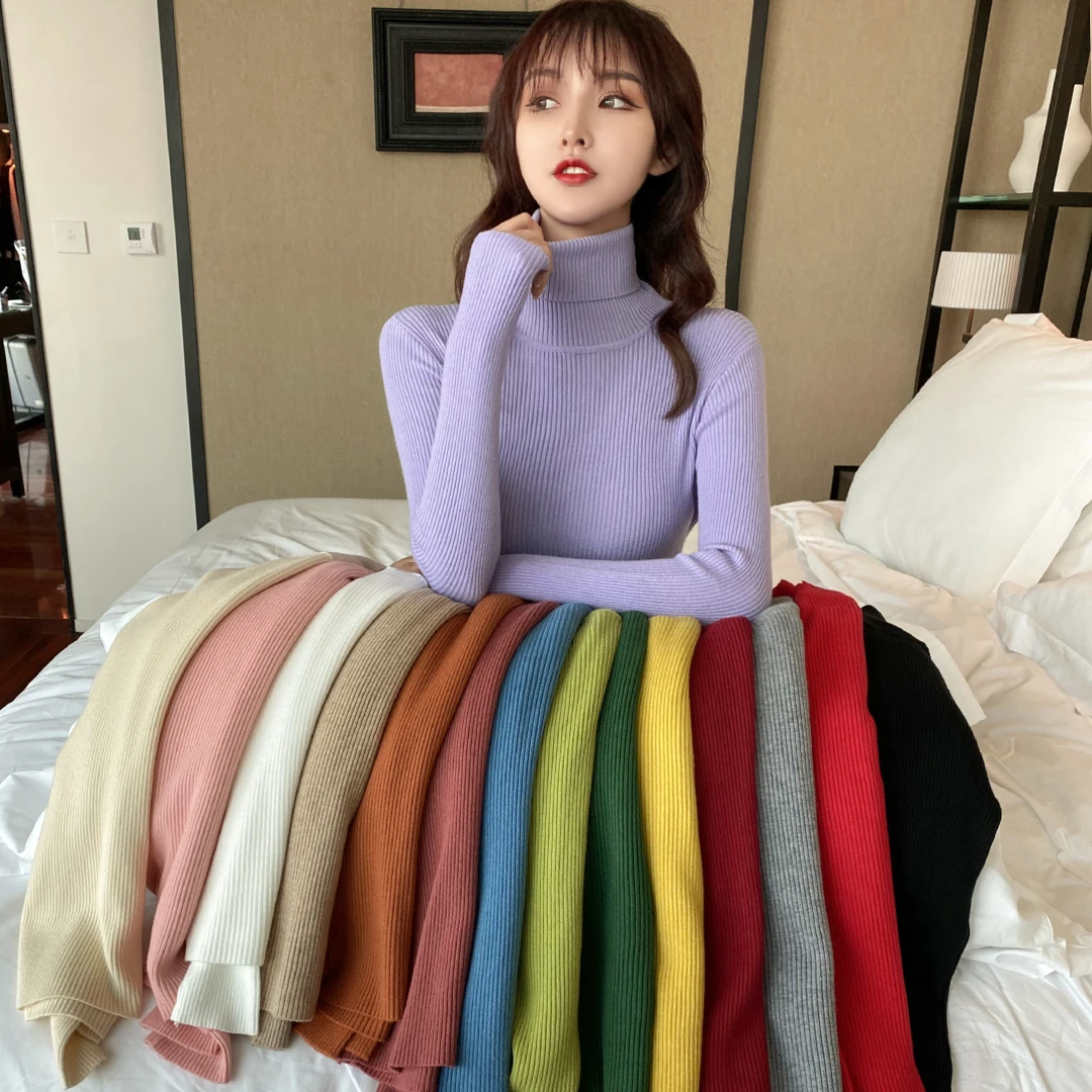 Zoki Soft Women Turtleneck Sweater Autumn Knitted Solid Jumper Winter Long Sleeve Elastic Pink Female Pullover Top Dropshipping