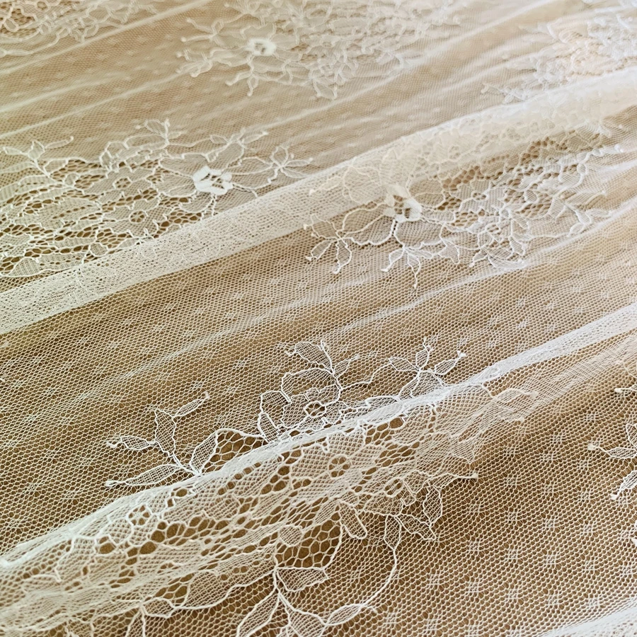 110x300CM Per Piece Subtle Eyelash Lace Fabric Ivory Shade Dots Design Chantilly Lace 3 Meters Long