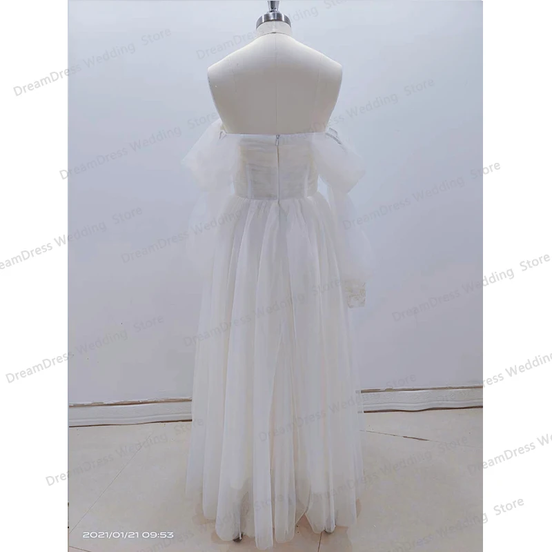 Short Champagne Wedding Dress 2023 Sweetheart Appliques Puff Sleeve A-Line Tulle Party Dress Ankle Length Robe De Fête For Women