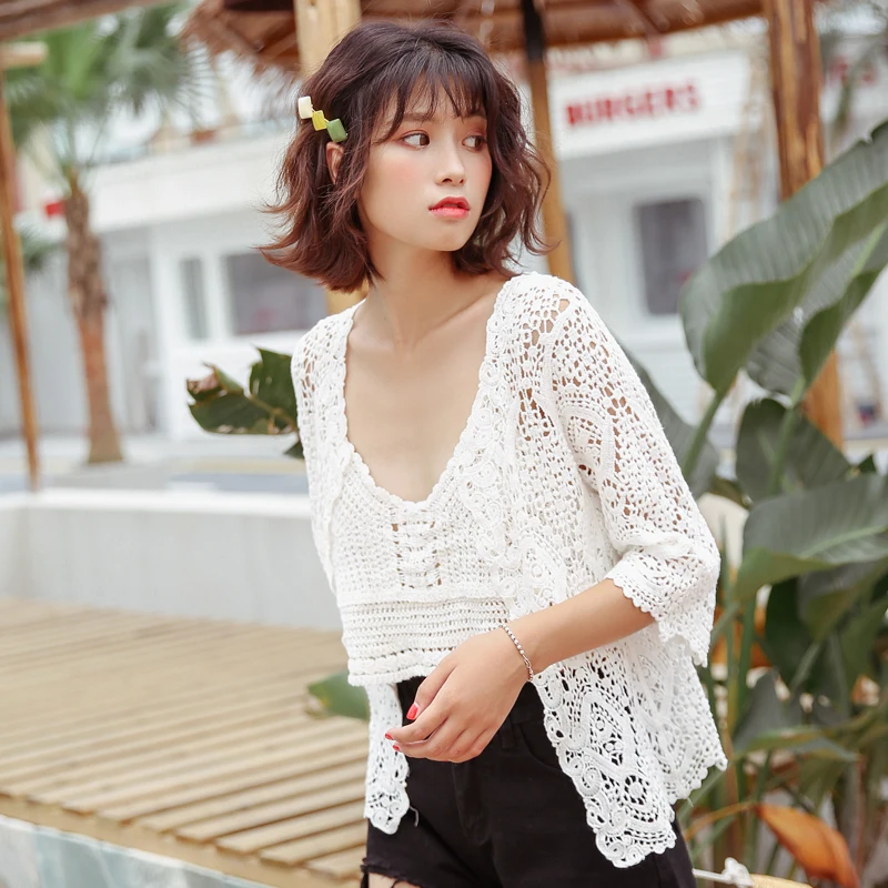 Boho style hollow out crochet lace tops women fashion kawaii half sleeve summer cardigan