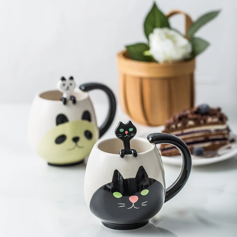 1pc ręcznie malowany kubek kawy piękny Panda/żaba/kot/świnia kubek ceramiczny filiżanka zawiera łyżeczkę