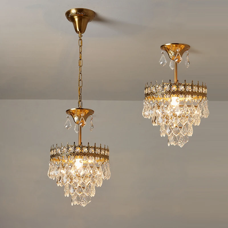 

Retro Simple Crystal Golden Classical Bedroom Deco LED E14 Indoor Chandelier Vintage Livingroom Fixture Dining Pendant Lamp