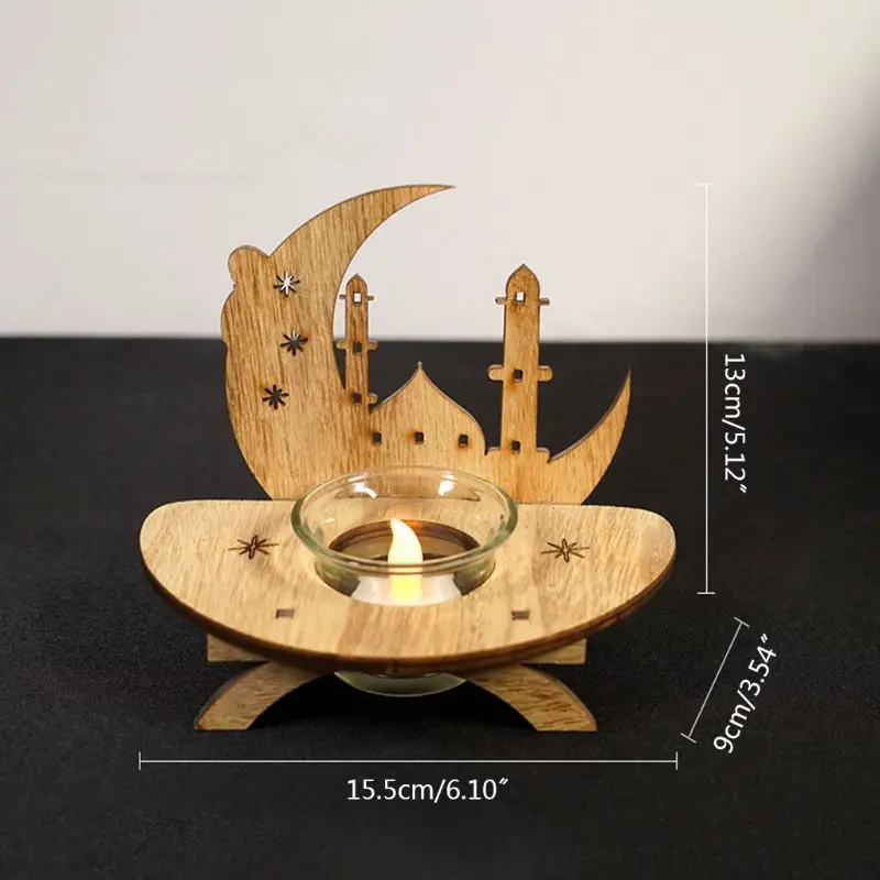 2022 New DIY Wood Eid Mubarak Moon LED Candlestick Light Wooden Decoration Ramadan Home