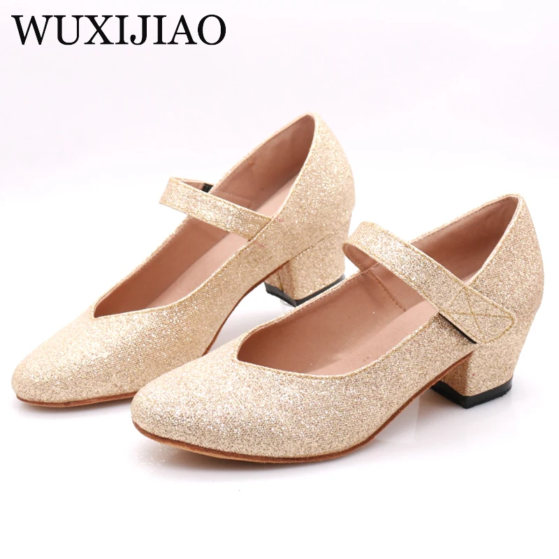 

WUXIJIAO women's Latin dance shoes color satin sequins rhinestones Cuban high heels 9cm