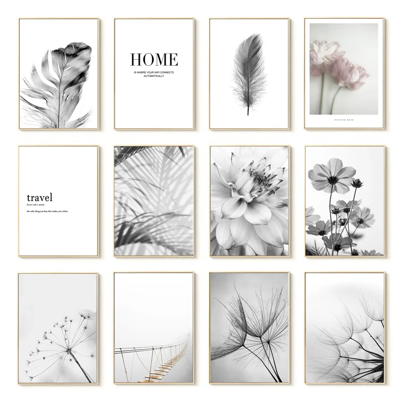 Nordic Posters Black and White Flower Print Dandelion Wall Art Feather Canvas Pictures for Living Room Decoration Wall Paintings