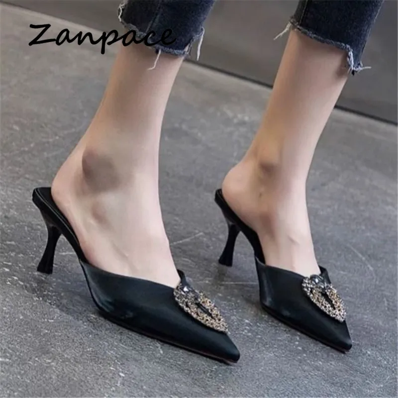 2021 Fashion Slippers Women Sandals Indoor High Heels Slip on Shoes Summer Thin Heeled Women Shoes Pointed Top Woman Slides