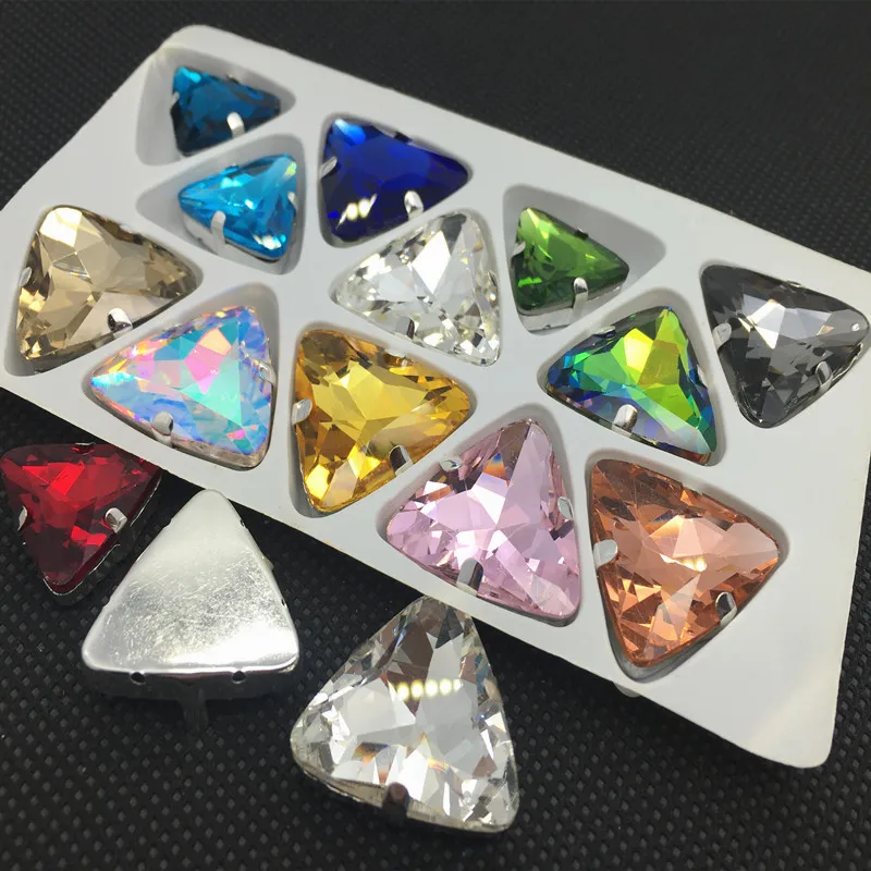 Glass Crystal Silver claw 12 18 23 mm nice colors Triangle shape Sew on rhinestone beads garments clothes decoration diy