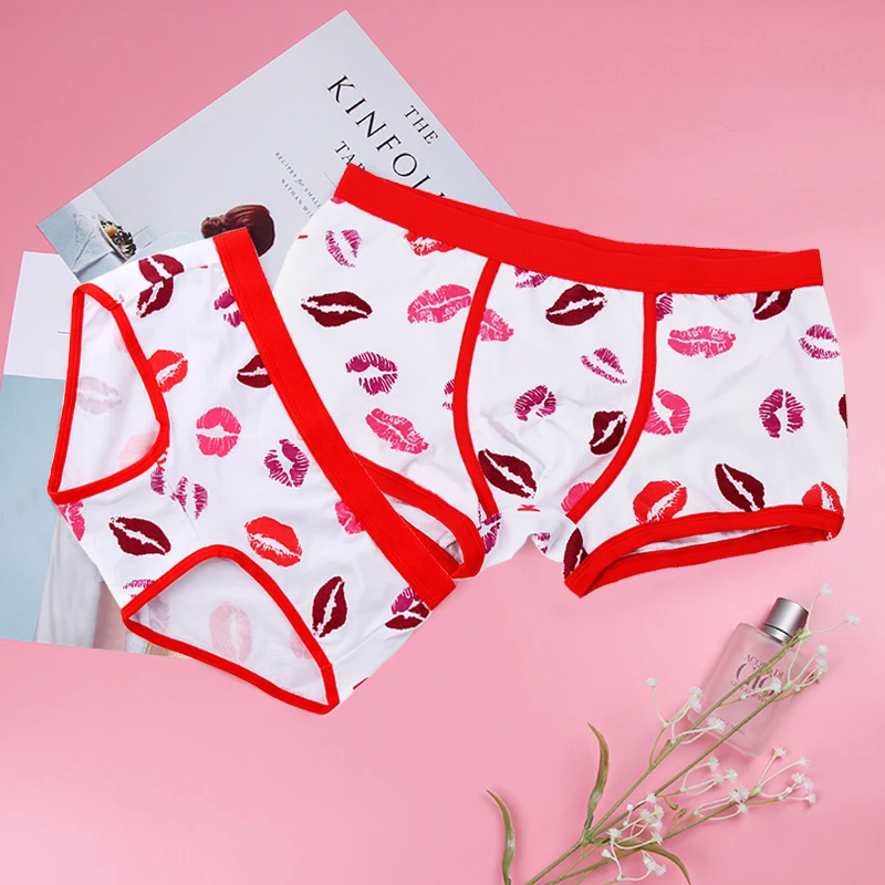 2pcs Fashion Couple Panties Set Mens Boxers Shorts Cotton Funny Sexy Kiss Lips Women's Underwear Love's Underpants