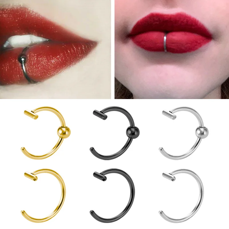 3pcs Fake Lip Ring Clip on Mouth Fake Piercing Stainless Steel Nose Rings Septum Punk Hoop Earring for Women Non-Pierced Jewelry