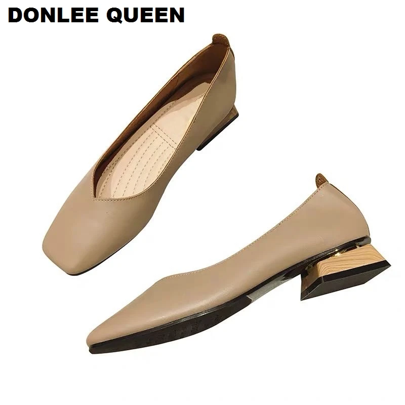 New Spring Flats Shoes Women Wooden Low Heel Ballet Square Toe Shallow Brand Shoe Slip On Loafer zapatos de mujer big size 36-41