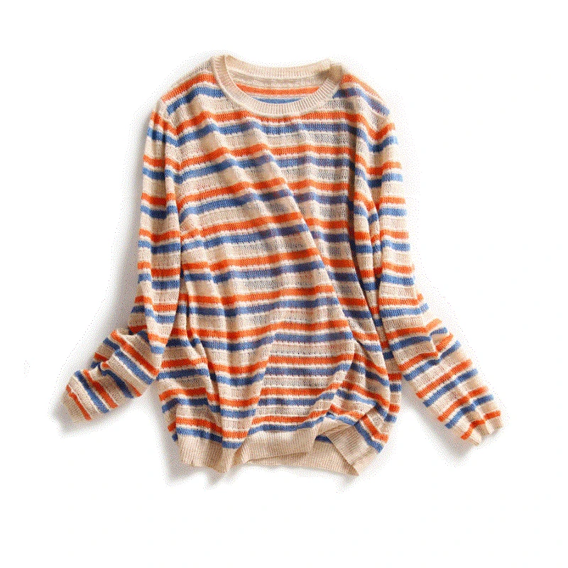 Blue Orange Striped Women 2023 Autumn Spring Pullover Long Sleeve O-Neck Fashion Contrast Sweater Femme Soft Loose Cotton Jumper