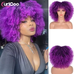 Perucas afroxadas e encaracoladas com franja para mulheres negras, cabelo curto, sintético africano, cosplay ombre, loiro natural, peruca roxa