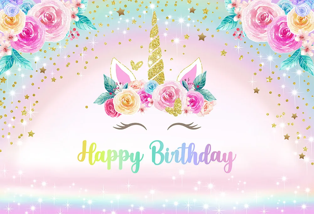 Fondo de unicornio con tema de feliz cumpleaños, Fondo de foto Floral, arcoíris, unicornio, niña, cumpleaños, Baby Shower, decoración de fiesta