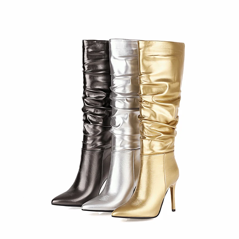 Kcenid Silver Gold Knee High Boots Women Pleated Pointed Toe Thin High Heels Dres Party Shoes Autumn Winter Long Boots Woman