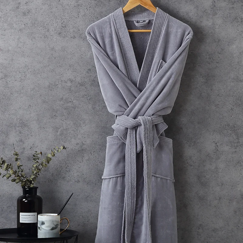 Towel Fleece Men's Robe Kimono 100% Cotton Long Thick Sleeve Homewear Autumn Winter Nightgown Solid Color Mens Bathrobes White