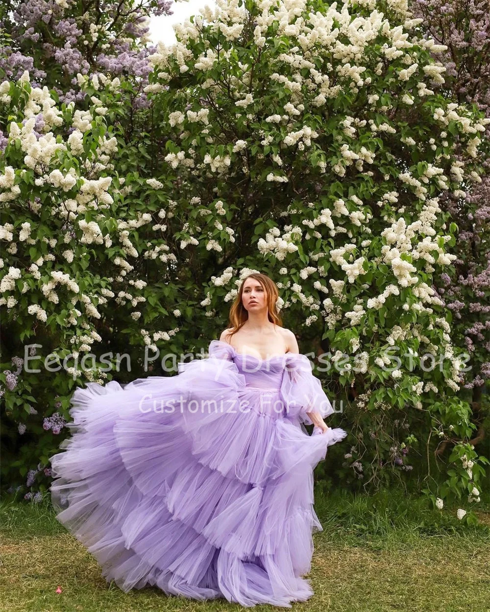 Bafftafe Customized Lavender Long Puffy Sleeves Prom Dresses Korea Off Shoulder Tiered Evening Gowns Corset Women Formal Dress