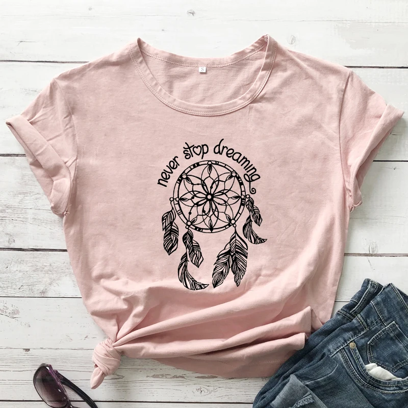 Never Stop Dreaming T-shirt Aesthetic Boho Dreamcatcher Tshirt Trendy Women's Dream Catcher Graphic Tee Shirt Top camiseta