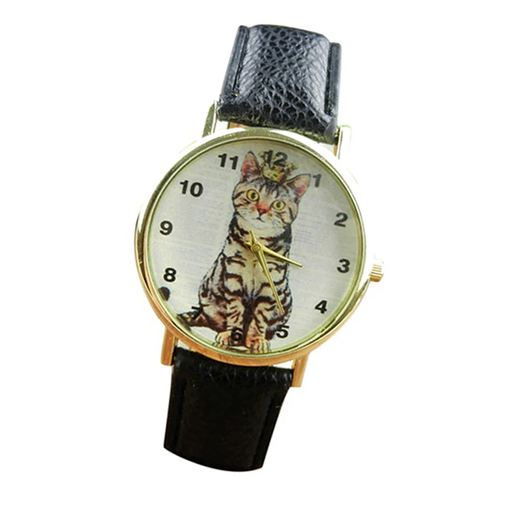 Lovely Cat Arabic Numerals Dial Faux Leather Band Analog Quartz Wrist Watch