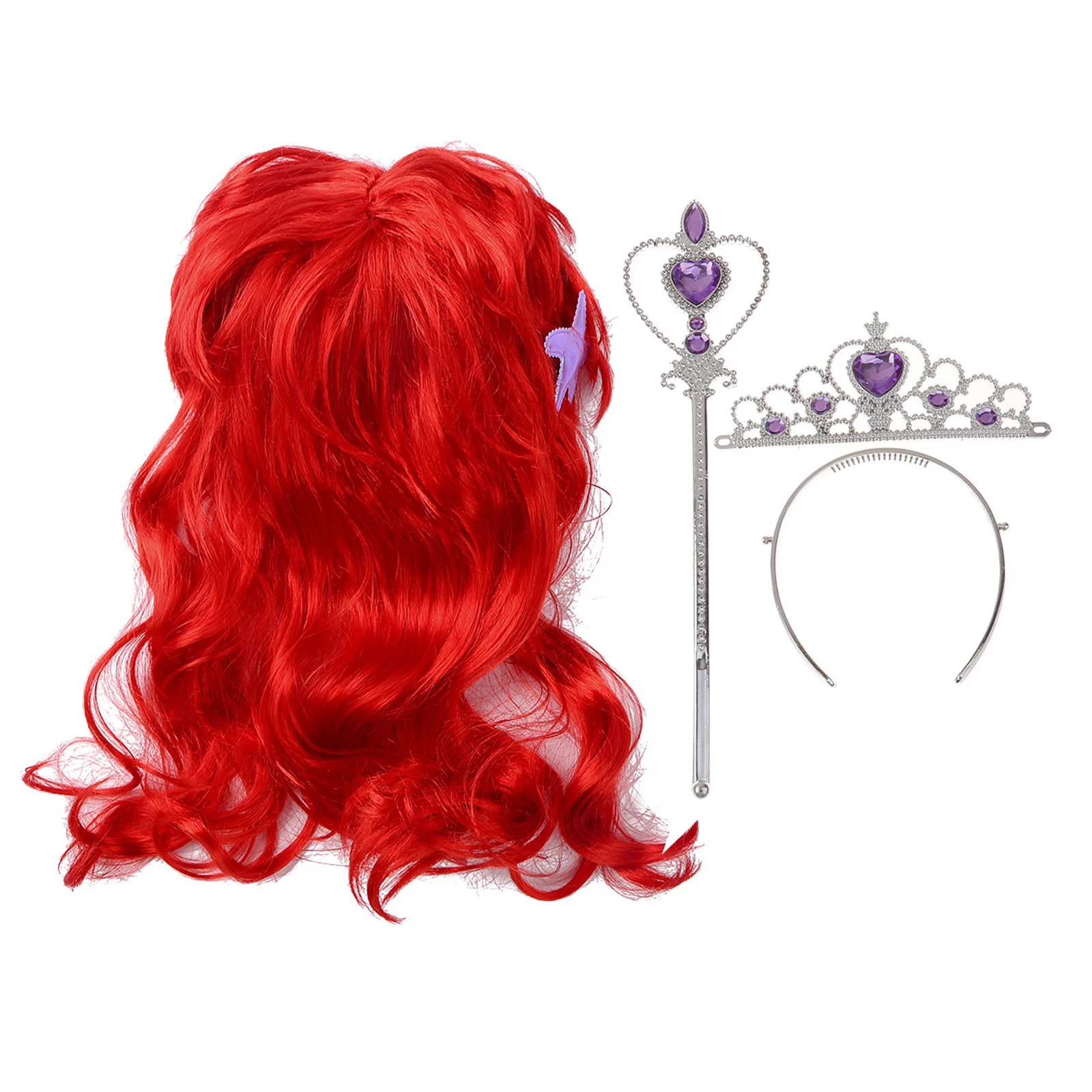 Princess Dress Up Mermaid Costume Red Long Wavy Hair Wig Crown Tiara Wand Girls Halloween Anime Cosplay Party Accessories Sets