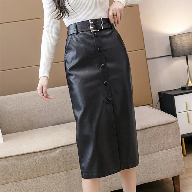 REALEFT 2021 New Autumn Winter PU Leather Women's Wrap Skirts with Belted High Waist Single Breasted Sheath Mid-calf Skirts