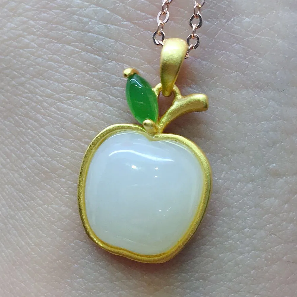 

Silver Inlaid Jade S925 Gold Three-Dimensional Apple Natural Hetian Jasper Jade Pendant