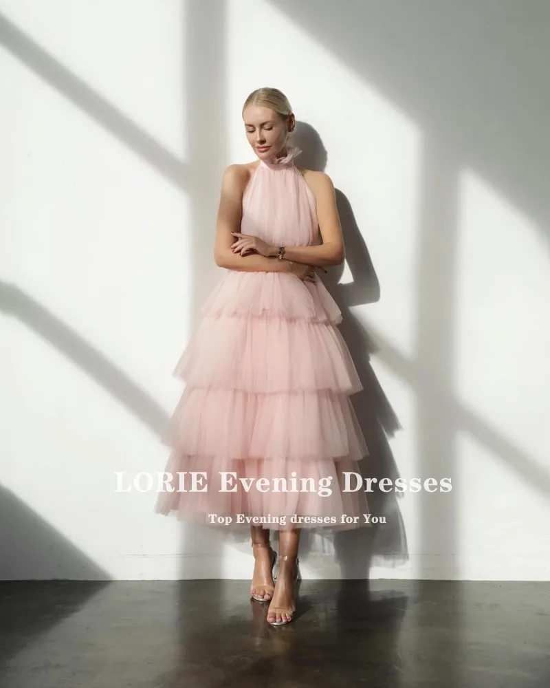 LORIE Baby Pink Prom Dresses Tea Length Tiered Tulle Cupcake Special Occasion Baby Blue Simple Girl Wedding Party Dress