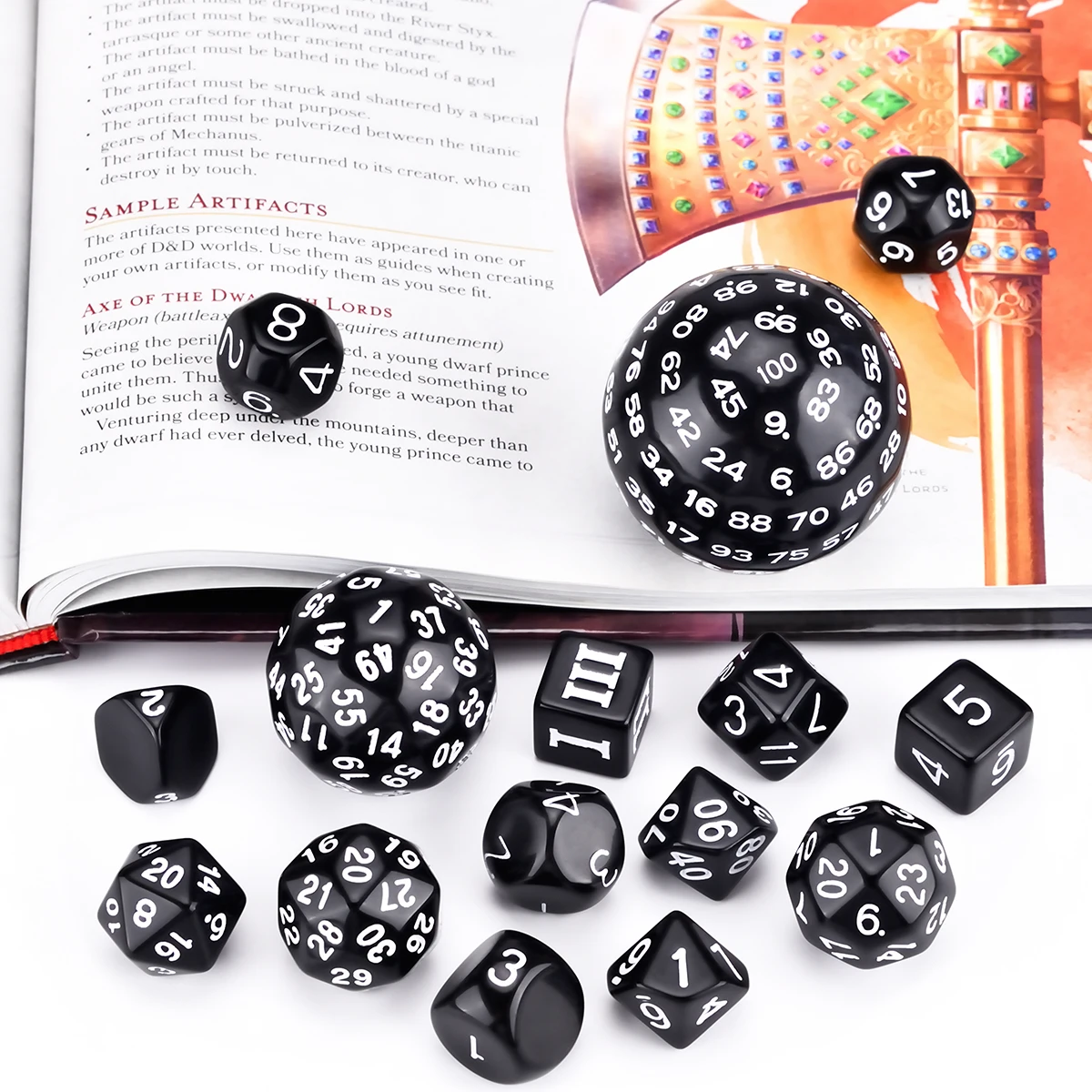 15 Piece Opaque Black Polyhedral Dice Set for DND DCC RPG D3 D4 D5 D6 D7 D8 D10 D% D12 D16 D20 D24 D30 D60 D100