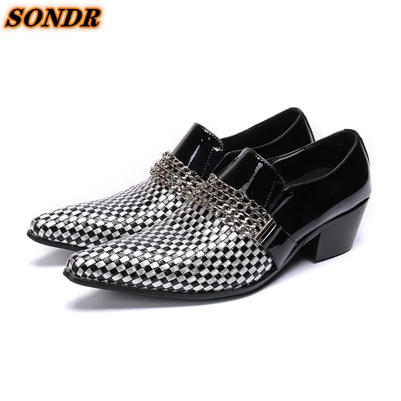 

Black And White Checkered Color Men Genuine Leather Shoes Pointed Toe Fashion Chain For Men Dress Loafers Shoes Zapatilla Hombre