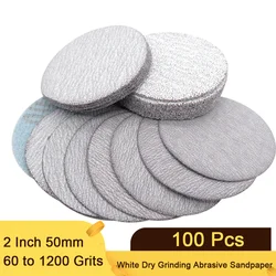 100PCS 2 Inch 50mm Sanding Discs Hook & Loop White Dry Grinding Abrasive Sandpaper 60 to 1200 Grit for Wood Metal Car Sanding