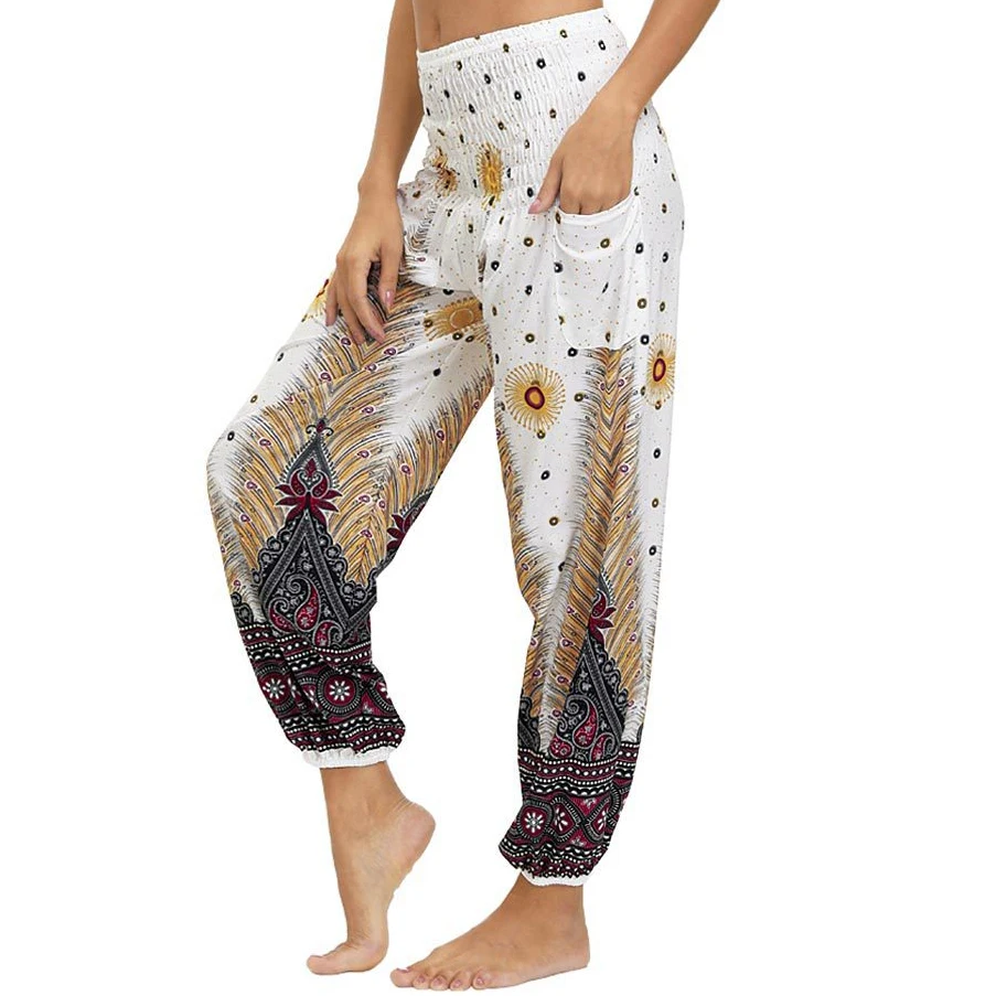 

Womens Palazzo Yoga Pants,Boho Vintage Hippie Bohemian Pilate Trousers with 2Pockets.Loose Casual Beach Trousers