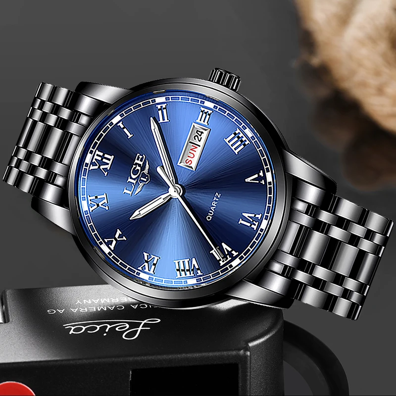 2023 New Watches Mens LIGE Top Brand Fashion Date Week Male Stainless Steel Waterproof Business Men WristWatch Relogio Masculino