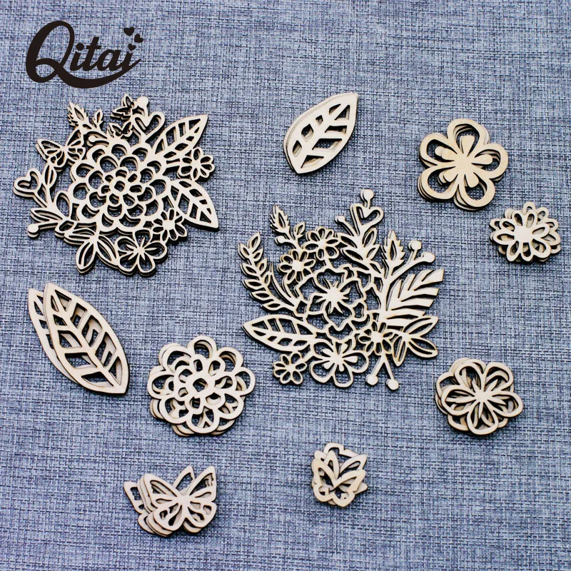 Flowers and Leaves and Butterflies QITAI 33Pcs/lot Wood Crafts DIY Scrapbooking Embellishments Home Decoration accessories WF307