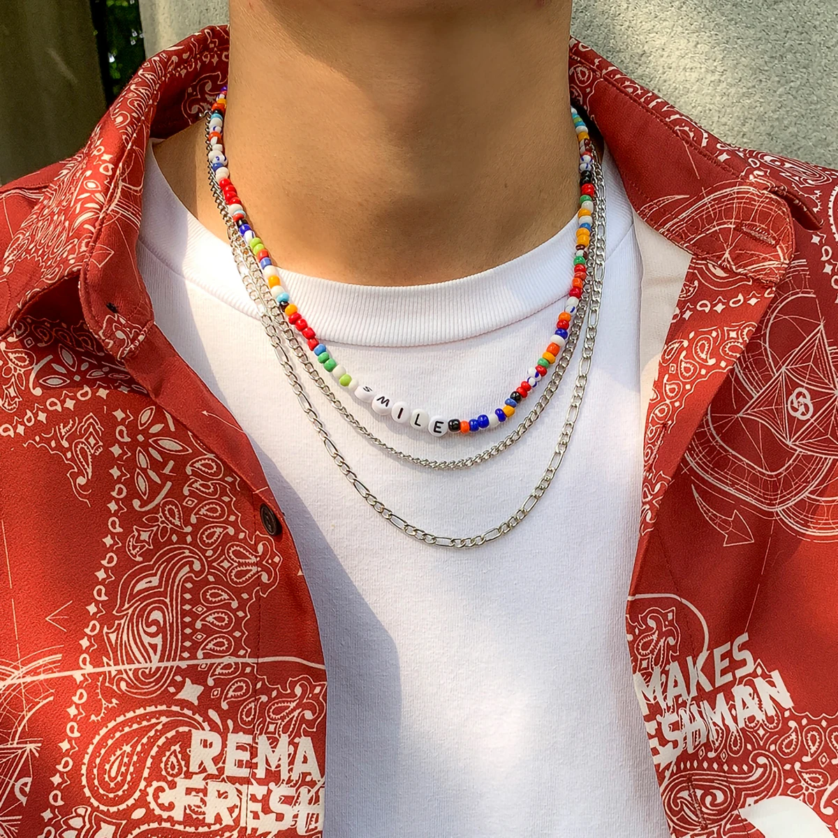 Ingesight. z Regenbogen bunte Samen Perlen Halsreif Acryl Brief ausschnitt mehr schicht ige silberne Farbe Halsketten für Männer Schmuck