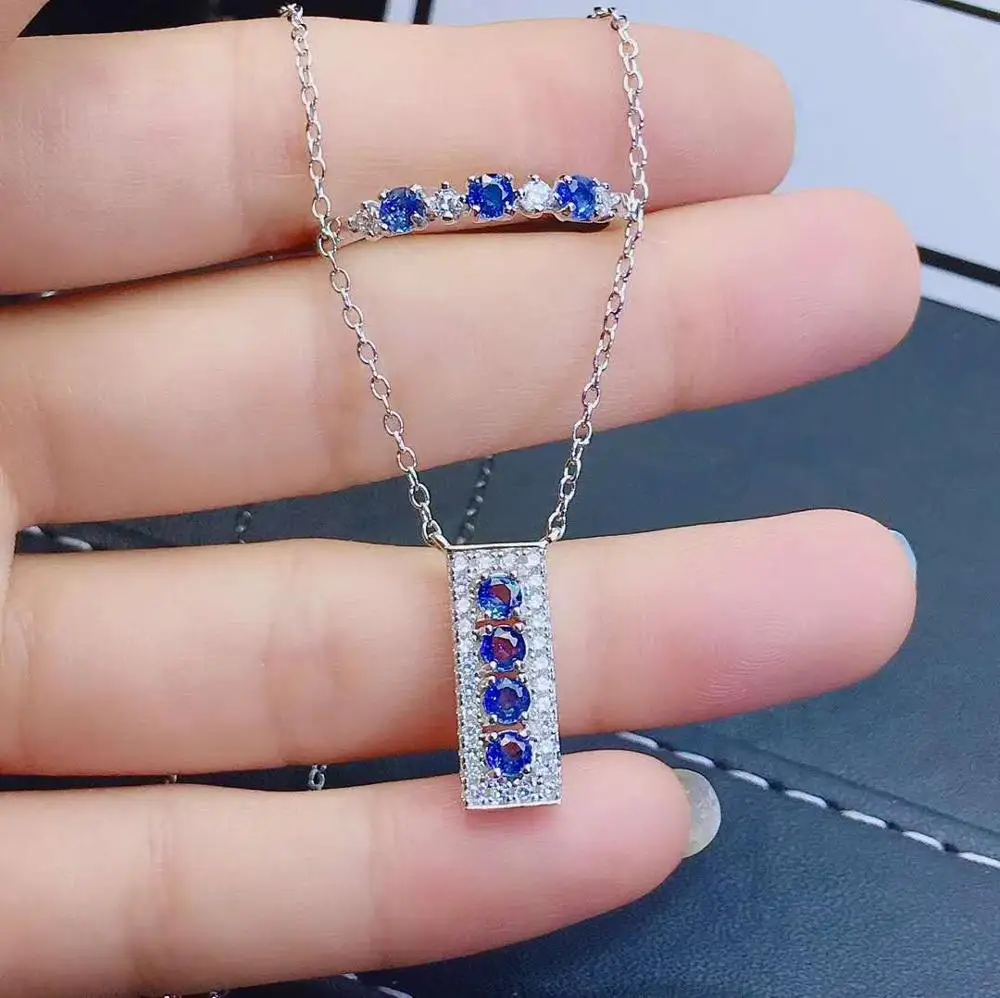 

Комплект ювелирных изделий из настоящего натурального сапфира Натуральный настоящий сапфир из стерлингового серебра 925 пробы 1 кулон, 1 кольцо